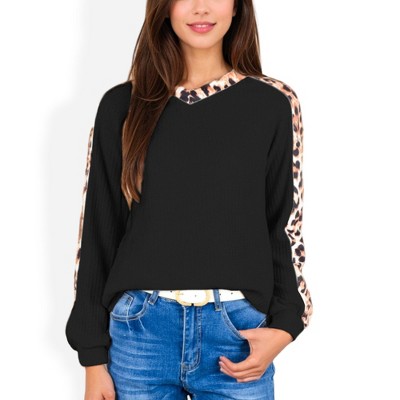 Anna-Kaci Women's Waffle Knit Top with Leopard Print Contrast and V-Neck Detail for Casual Looks
