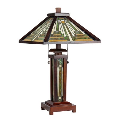Walnut Finish Mission Style Double Lit Stained Glass Table Lamp