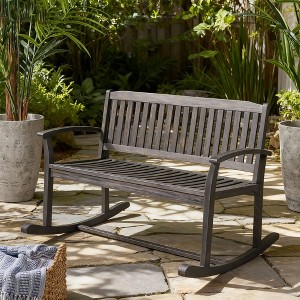 2-Person Acacia Wood Patio Rocking Loveseat with Armrests, Slatted Seat and Backrest, Outdoor Rocker Bench for Porch or Garden - 1 of 4