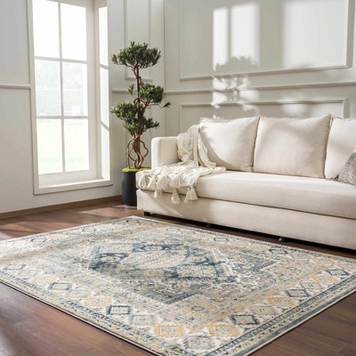 Brend Blue and Beige Medallion Polypropylene Area Rug