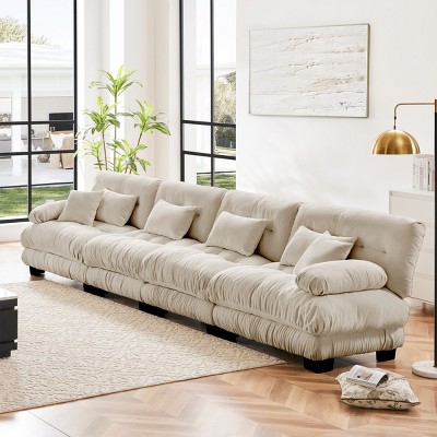 4-Seater Chenille Cloud Sectional Sofa,Modular Deep Seat Couch, Comfy Upholstered Sofa with Bolster Arms for Living Room, Apartment-Tanpinhause