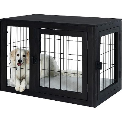 Furniture-Style Dog Crate - Acacia Wood Kennel for Medium Dogs with Double Doors and Cushion - Dog Cage Furniture by PETMAKER (Black)