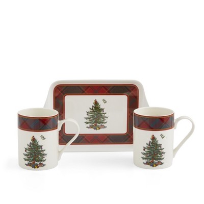Spode Christmas Tree Tartan Set Of 2 Mugs & Tray, 10 Ounce Mug, 8" Tray