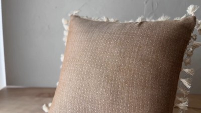 Handwoven Light Brown Cotton Reversible Throw Pillow with Tassels