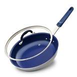 NutriChef 12" Fry Pan With Lid - Large Skillet Nonstick Frying Pan with Silicone Handle, Ceramic Coating, Blue Silicone Handle