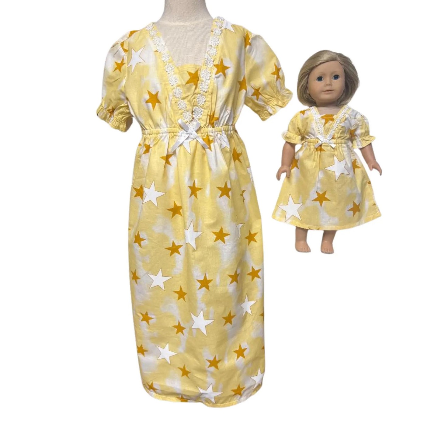 Детские пижамы Doll Clothes Superstore Matching Girl Size 6 & 18 Inch Doll Nightgowns – Yellow & Gold Star Print, цвет: Жёлтый — фото 2