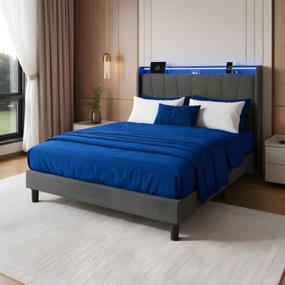 homfan Twin Upholstered Platform Bed w/ LED Lights, Charging Station & Storage - Grey, No Box Spring Needed, Padded Headboard