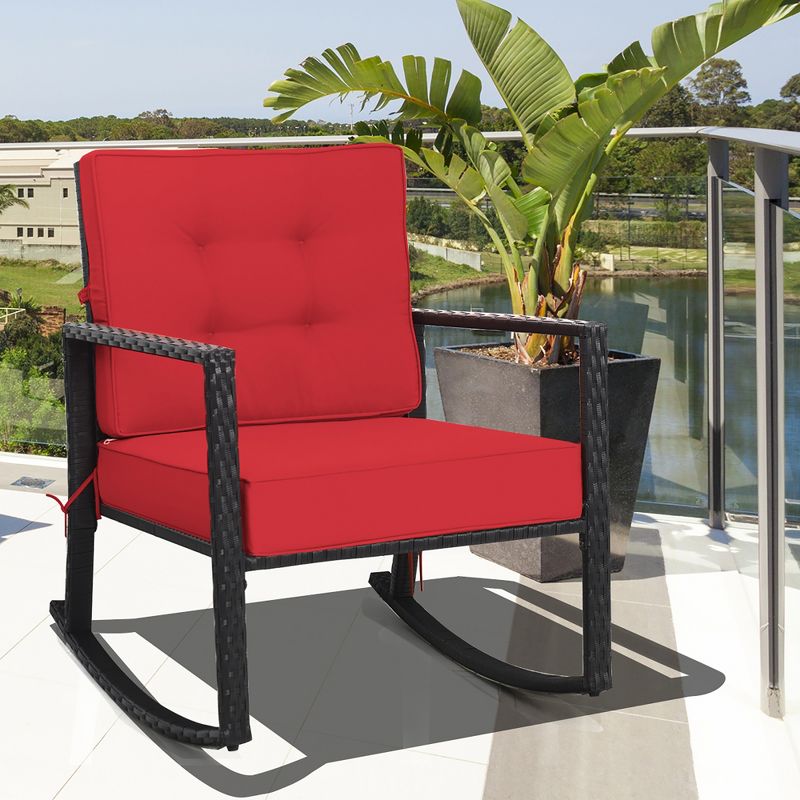 Costway Patio Rattan Rocker Chair Outdoor Glider Wicker Rocking Chair Cushion Lawn Red, 1 of 9