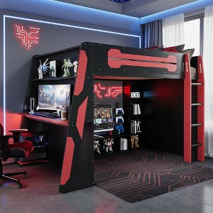 Polibi Full Size Gaming Loft Bed with Built-In Desk, RGB Light, Multi-Tier Shelving & Charging Station - 1 of 4