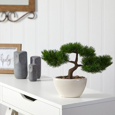 11" Green Plastic Cedar Bonsai Tree in White Planter
