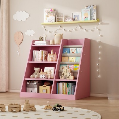 4 Tier Kids Wooden Bookshelf, Kids Bookshelf Children Bookcase with Adjustable Shelf for Playroom Nursery Living Room