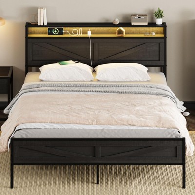 Platform Bed Frame with Headboard, Led Light & Charging Station