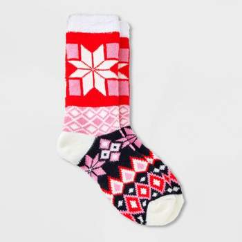 Women's Quilt Block Double Lined Cozy Crew Socks - A New Day™ Navy/Pink/Orange 4-10