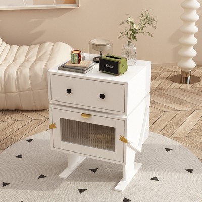 Famapy 360° Swivel Bedside Table with Drawer and Transparent Glass Cabinet