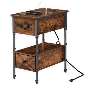VECELO Nightstand with Charging Station & Drawer, Narrow Flip Top End Table with USB Ports & Power Outlets for Living Room or Bedroom, Brown - 1 of 4