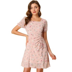 Allegra K Women's Floral Square Neck Short Sleeve Drawstring Ruched Dress - 1 of 4