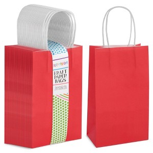 Blue Panda 25-Pack Red Gift Bags with Handles - Small Paper Treat Bags for Birthday, Wedding, Retail (5.3x3.2x9 In) - 1 of 4