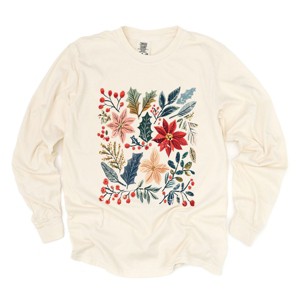Christmas Flowers and Berries Distressed - Women's Garment Dyed Long Sleeve Graphic T-Shirt - 1 of 4