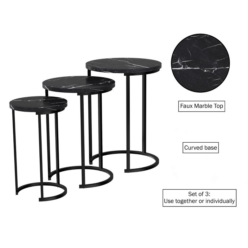 Hasting Home Set of 3 Round Living Room End Tables – Modern Faux Marble Top and Black Metal Base Nesting Tables or Nightstands, 4 of 9