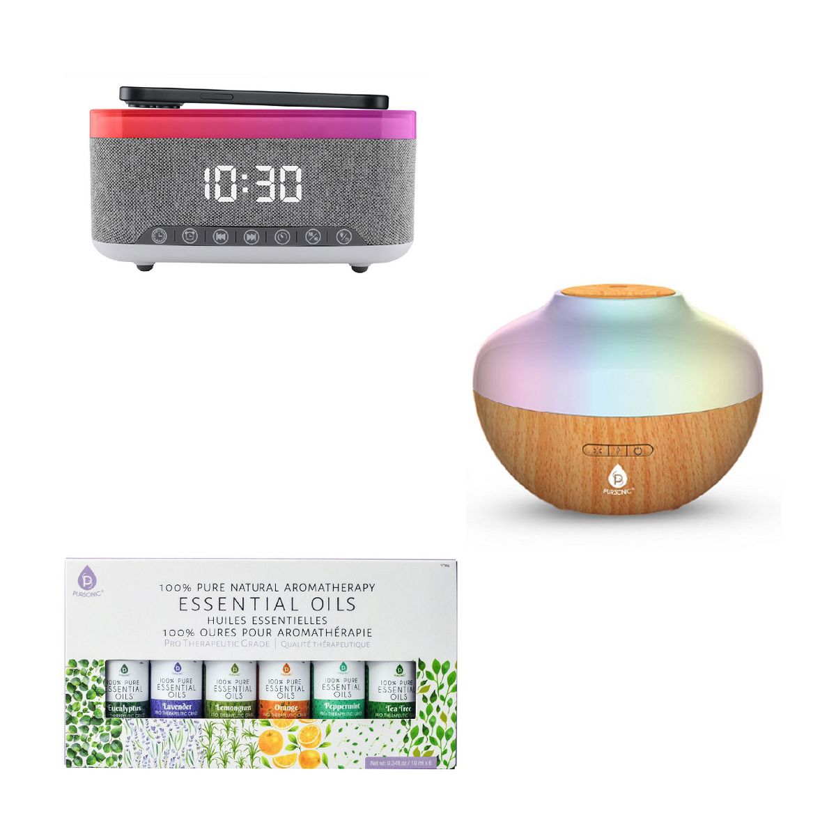 Ultimate Relax & Recharge Set – Alarm Clock Wireless Charger Radio + Aromatherapy Diffuser & 6 Oils