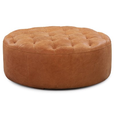Cognac Tan Round Tufted Leather Ottoman