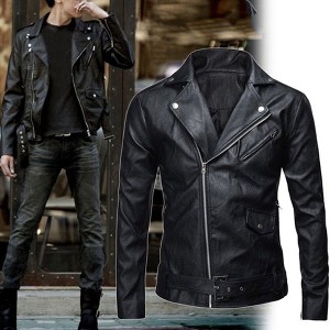 Men Leather Jacket Slim Fit Motorcycle Jacket Zipper Casual Coat Spring Autumn Winter - 1 of 4