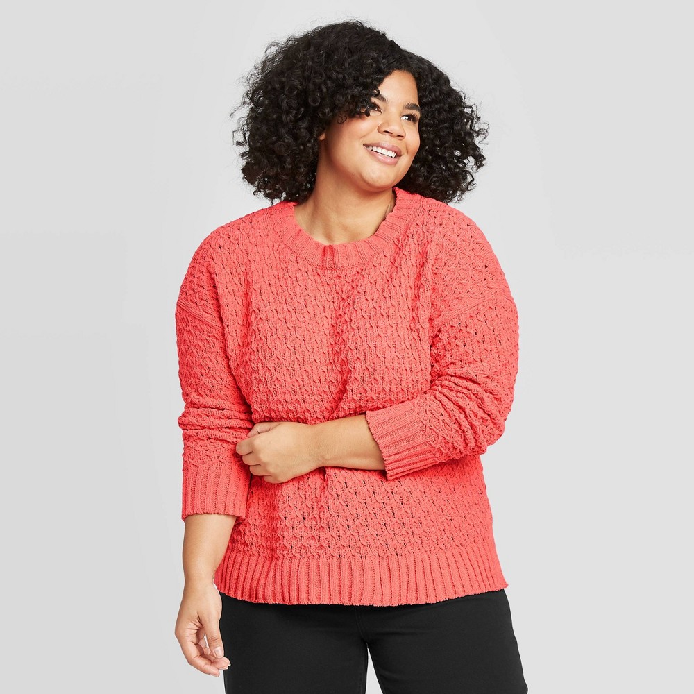 Women's Plus Size Crewneck Textured Pullover Sweater - A New Day Light Red 2X, Women's, Size: 2XL was $29.99 now $20.99 (30.0% off)