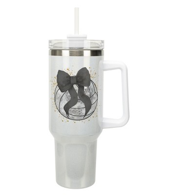 Elanze Designs 40 Ounce Stainless Steel Double Wall Insulated Glitter Travel Tumbler With Handle, Straw, and Lid, Volleyball With Black Bow White