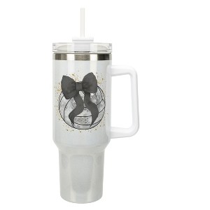 Elanze Designs 40 Ounce Stainless Steel Double Wall Insulated Glitter Travel Tumbler With Handle, Straw, and Lid, Volleyball With Black Bow White - 1 of 1