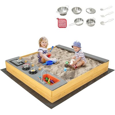 Costzon Kids Sandbox, Wooden Sand Pit with Kitchen Accessories, Water Faucet, Bench Seat & Liner, Outdoor Play for Ages 3–8 (Backyard)