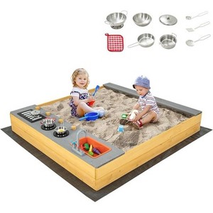 Costzon Kids Sandbox, Wooden Sand Pit with Kitchen Accessories, Water Faucet, Bench Seat & Liner, Outdoor Play for Ages 3–8 (Backyard) - 1 of 4