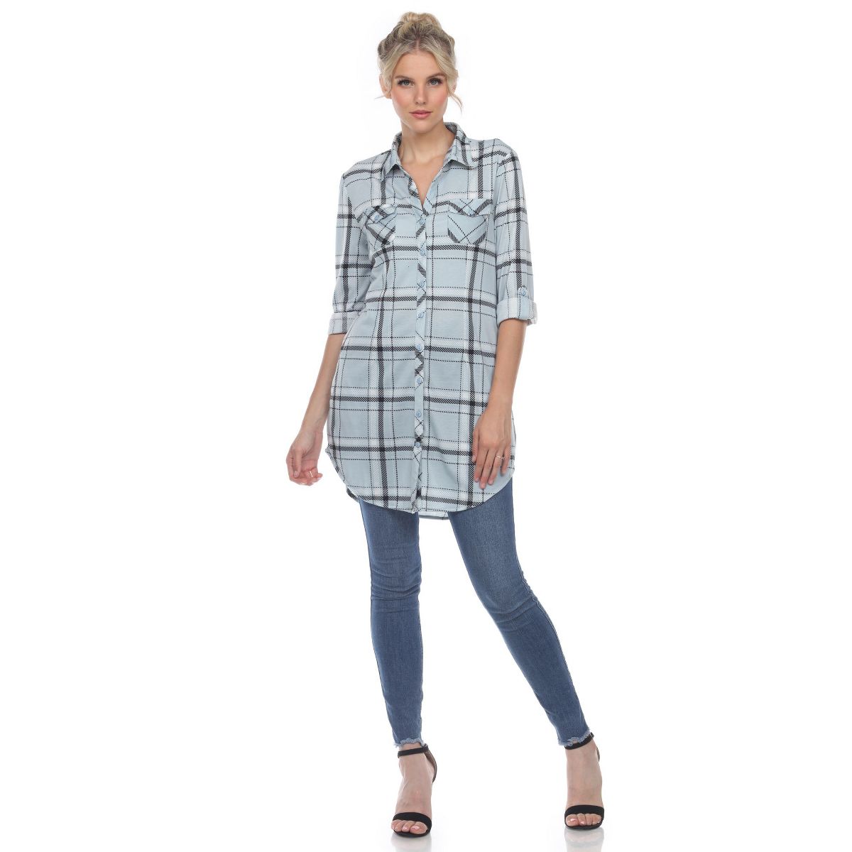Women's Printed Plaid Roll Tab Tunic - White Mark - thumbnail 7