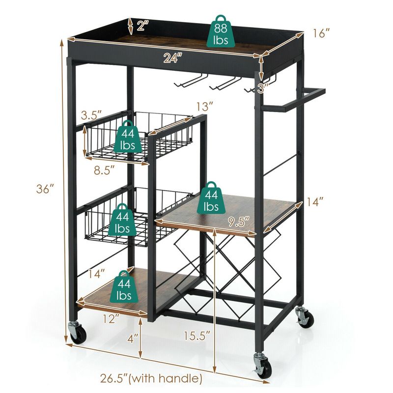 Costway 4-Tier Kitchen Carts  Rolling Serving Trolley Wine Rack Removable Tray Basket, 2 of 11