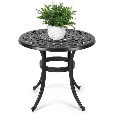 Round Outdoor Bistro Table with Umbrella Hole and Adjustable Feet, Cast Aluminum Patio Table