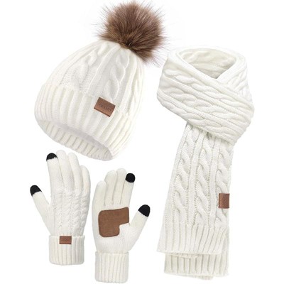 ZUPPAD Winter Hat Scarf Gloves Set for Women, 3 PCS Pom Pom Beanie Hat Touchscreen Glove Long Neck Kint Scarf Christmas Gifts