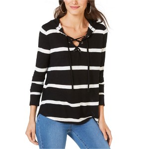 I.N.C International Concepts Womens Striped Hoodie Sweatshirt, Black, Medium - 1 of 1