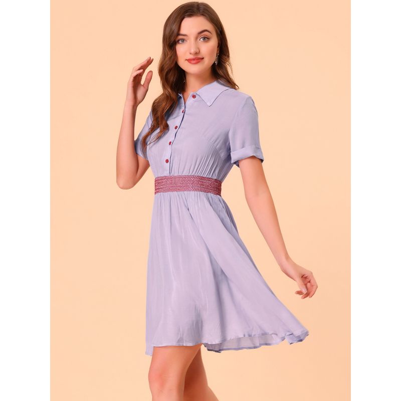 Allegra K Women's A-line Button Smocked Color Block Summer Dress, 3 of 7