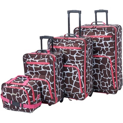 Rockland Fashion Softside Upright Luggage Set Telescoping Handles Pink Giraffe 4-Piece (14/19/24/28)