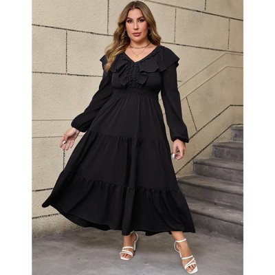 Plus Size Ruffle Maxi Dress for Women V Neck Long Sleeve Dress Casual Modest Fall Dresses Black 4XL