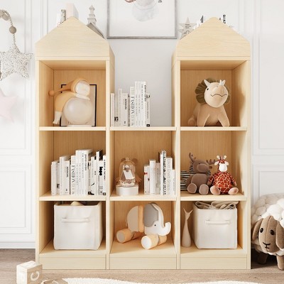 Toy Storage Organizer 8-Cubby Kids Bookshelf Natural Bookcase Toddlers Playhouse Cabinet Shelf