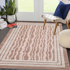 Modern Wave Print Area Rug Geometric Bordered Floor Carpet for Bedroom Low Pile Soft Rugs for High Traffic Areas - 1 of 4