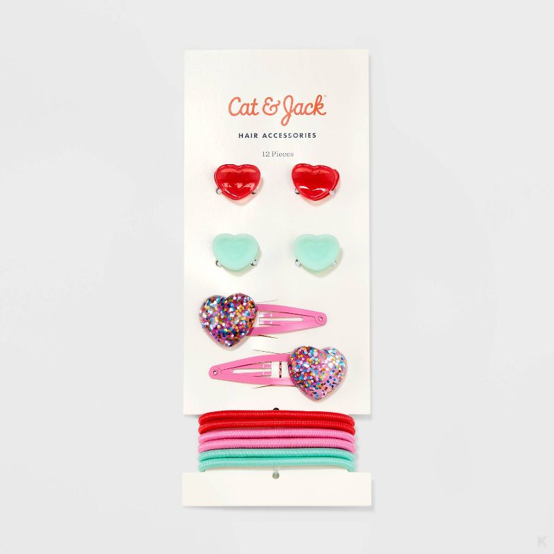 Girls&#39; 12pk Heart Themed Hair Accessory Set - Cat &#38; Jack&#8482; Mint Green/Red/Pink, 3 of 5