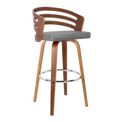 FurniFact,Swivel Counter Bar Stool with Grey Faux Leather and Walnut Veneer Back