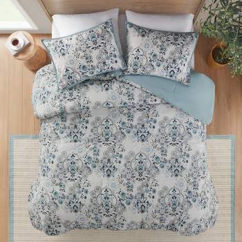 3pc Elsie Floral Printed Cotton Comforter Set Blue - Madison Park