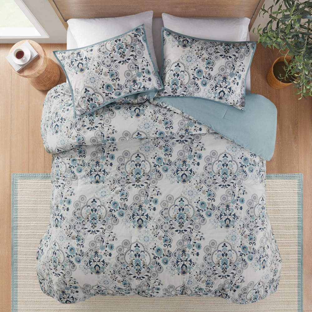 3pc Full/Queen Elsie Floral Printed Cotton Comforter Set Blue - Madison Park: Hypoallergenic, OEKO-TEX Certified