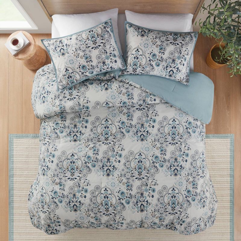3pc Elsie Floral Printed Cotton Comforter Set Blue - Madison Park, 1 of 11
