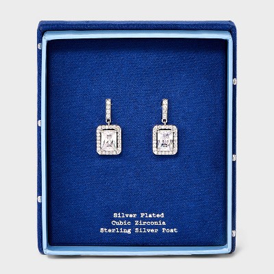 Silver Plated Halo Emerald Cubic Zirconia Drop Earrings