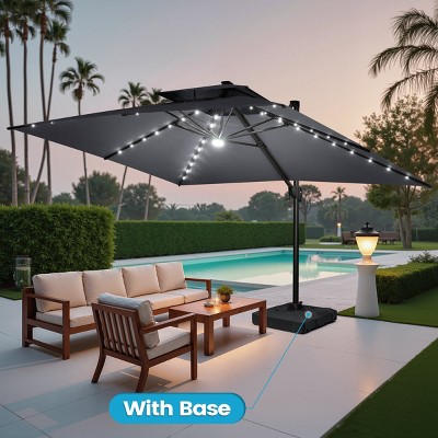 Crestlive Products 13FT Patio Cantilever Umbrella with Light Base Set Double Top High-strength Aluminum 360°Rotation 5 Heights Adjustable