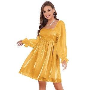 Womens Puff Sleeve Square Neck Puffy Dress Babydoll Mesh Mini Dress - 1 of 4