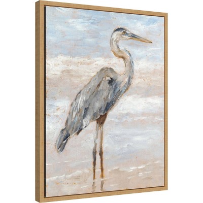 Beach Heron I Blue and Gray Canvas Print with Maple Frame